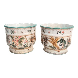 Vintage Ceramic Large Chinoiserie Wild Flowers Birds Scalloped Top Edge Planter Flower Pots- a Pair For Sale