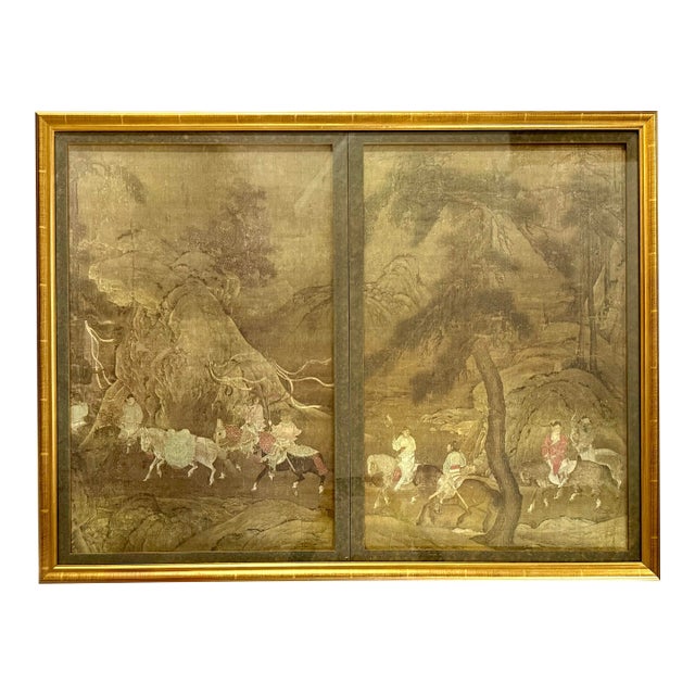 Vintage Diptych Print After Antique 11th C. Chinese Sung Dynasty the Tribute Horse Silk Painting For Sale