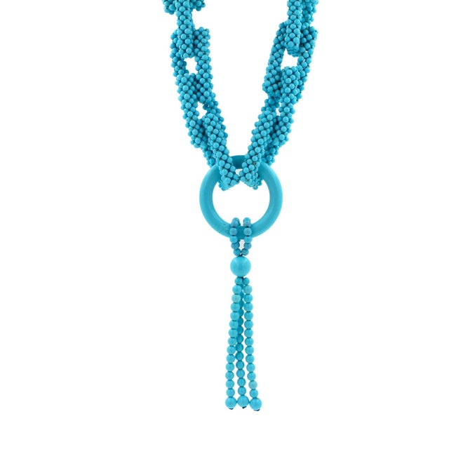 Teal Blue Turquoise Round Fancy Beads Long Tie Unique Tassel Statement Necklace Width of Necklace: 18mm Length of...