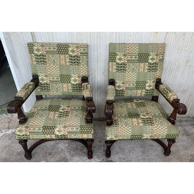 French Louis XVI Style Spanish Pair of Carved Walnut Armchairs, 1900s For Sale - Image 3 of 18
