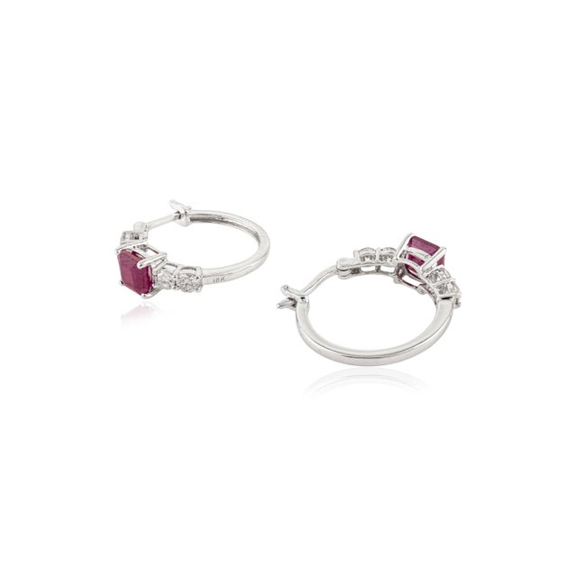 Metal 18k White Gold 1.9Ct Red Ruby & Diamond Huggie Earrings for Women- 2 Pieces For Sale - Image 7 of 13