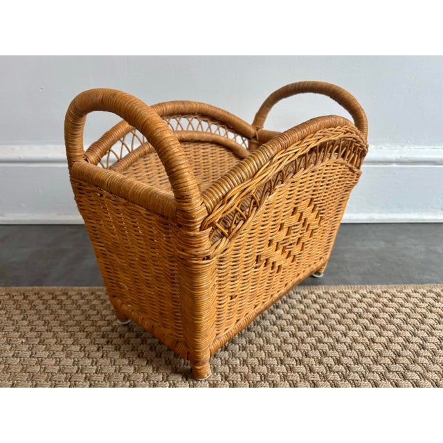 Shabby Chic Vintage Coastal Wicker Magazine Rack With Handles For Sale - Image 3 of 8