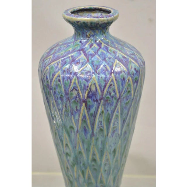 Mid-Century Modern Mid-Century Modern Ceramic Pottery Glazed Feather Pulled Purple Blue Vase For Sale - Image 3 of 11