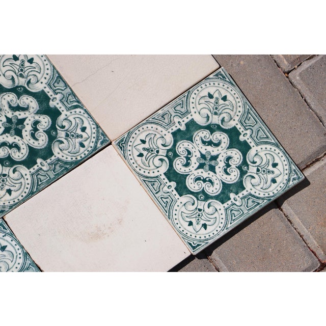 1920s Portuguese Art Deco Tiles Set of 32 Large Green & White Antique Decorative Tiles For Sale - Image 15 of 18