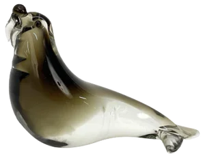 Mid-Century Modern Italian Black Brown Murano Glass Walrus Sculpture, Italy, 1960s
