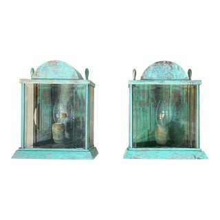 Vintage Verdigris Solid Brass Lanterns - Pair of Wall-Mounted Sconces For Sale