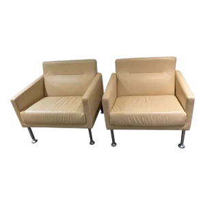Butter Yellow Modernist Leather Club Chairs by Brayton International With Brushed Chrome Legs - A Pair