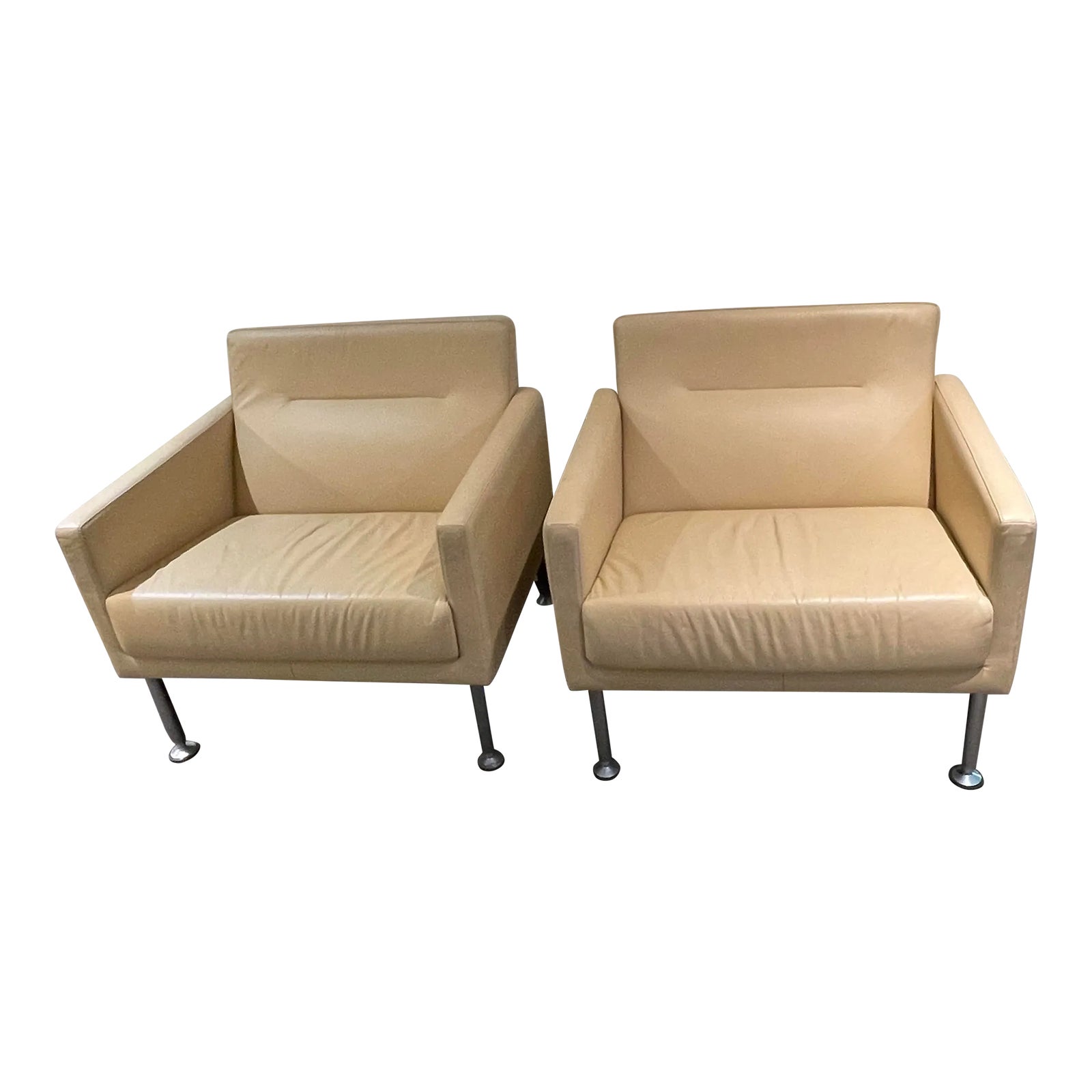 Pair Brayton International Modernist Butter Yellow Leather Upholstered