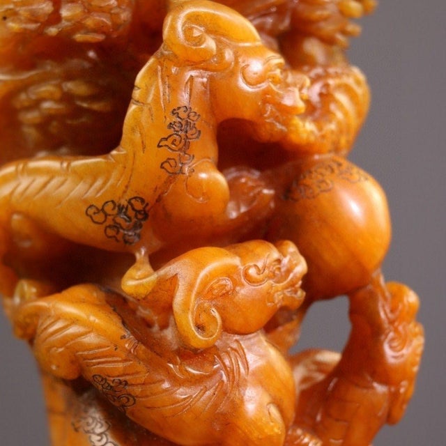 Stone Carved Soapstone Dragon and Coin Sculpture on Wooden Stand For Sale - Image 7 of 9
