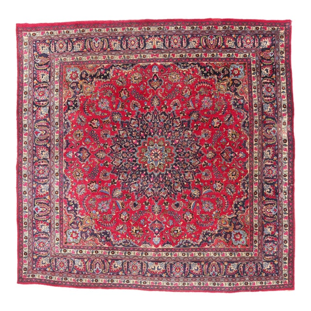 Red Antique Persian Mashhad Rug, 09'09 X 09'10 For Sale