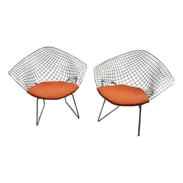 Diamond Chair in Silver with Orange Seat by Harry Bertoia for Knoll, 1980s For Sale