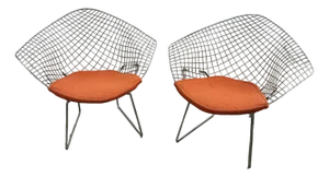 Diamond Chair in Silver with Orange Seat by Harry Bertoia for Knoll, 1980s