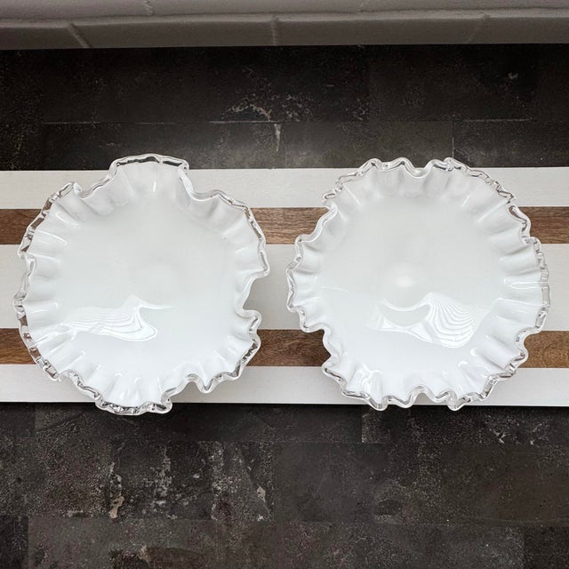 Fenton Art Glass Company Mid 20th Century Fenton Silver Crest Milk Glass Ruffle Edge Candy Dishes - A Pair For Sale - Image 4 of 8