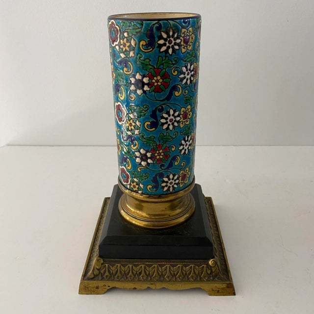 Metal 19th-Century French Longwy Floral Enamel Faience Oil Lamp Base, Turquoise Blue For Sale - Image 7 of 9
