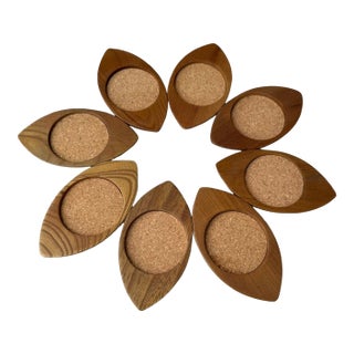 1960s Mid Century Modern Ellipse Form Wood & Cork Coasters — Set of 8 For Sale