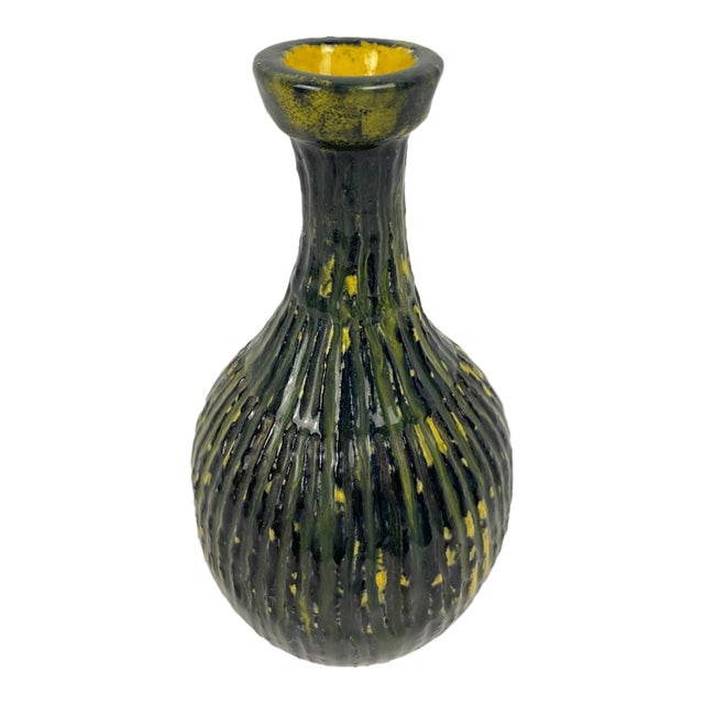 1960s Italian Mid-Century Handcrafted Green and Yellow Glass Vase For Sale