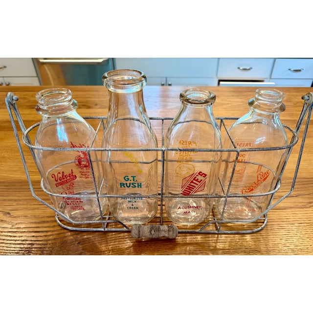 Set of 5, Vintage Milk Bottles and Holder for Flowers/Display For Sale - Image 12 of 15