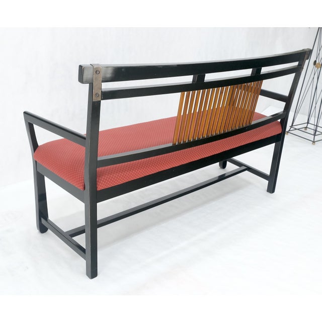 Mid-Century Modern Vintage Black Lacquer Red Upholstery Bench w/ Arms Slotted Back MINT For Sale - Image 3 of 11