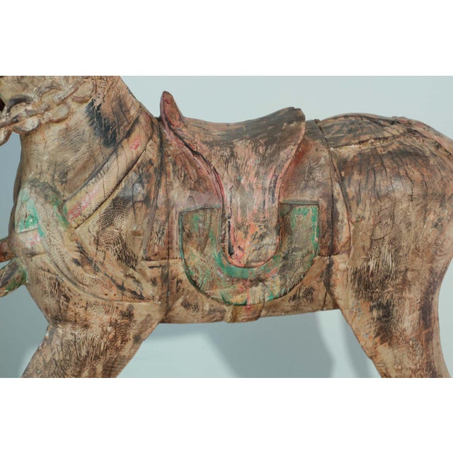 Pair of Monumental Indian Polychrome Carved Wood Horses on Wheels, 19th C. For Sale - Image 9 of 17