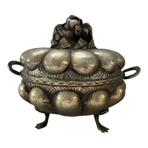 Antique 19th Century Hand Hammered Silver Plate Copper Tureen Bowl With Sculpted Fruit Form Finial