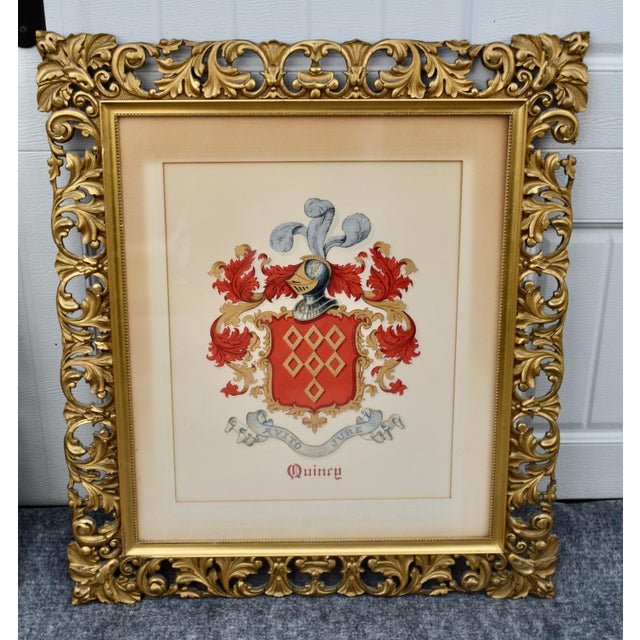 Vintage Pair Framed Prints Coat of Arm Ornate Gold Gilt For Sale - Image 11 of 18