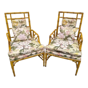 Bamboo Rattan Cane Armchairs With Floral Fabric Cushions - a Pair