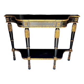 Vintage French Empire Regency Gold Gilt Ebonized Demi Lune Console Table For Sale