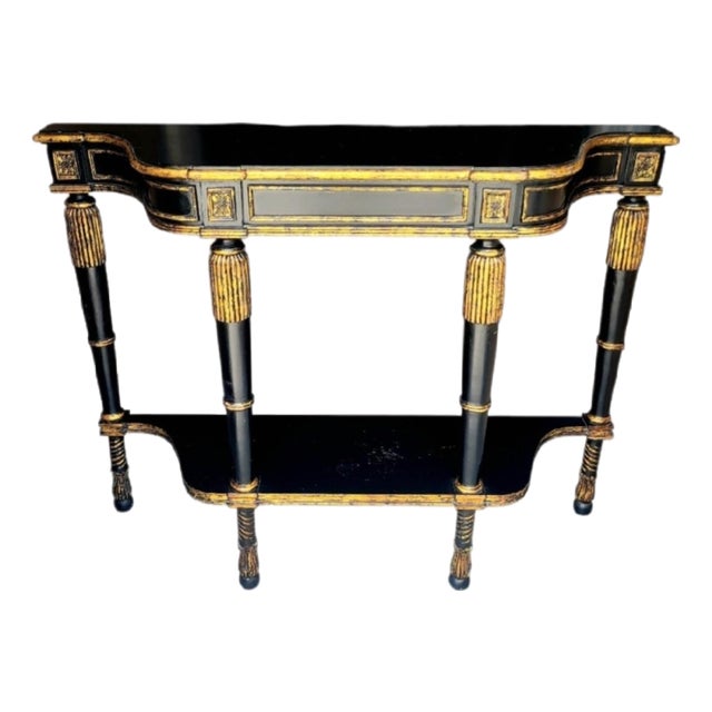 Vintage French Empire Regency Gold Gilt Ebonized Demi Lune Console Table For Sale