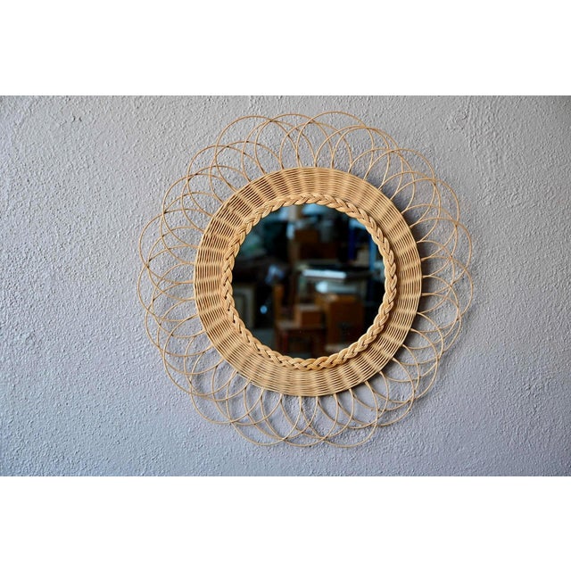 Wood Round Wall Mirror in Woven Rattan by Dillenseger, 1980s For Sale - Image 7 of 7
