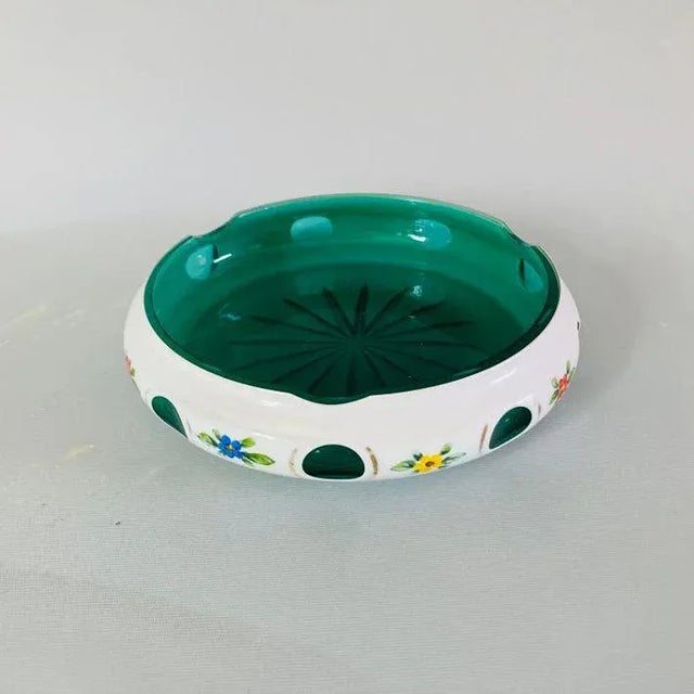 Vintage Bohemian Hand Painted Art Glass Czech White Cut Green Enamel Glass with floral design Ashtray, No makers mark,...
