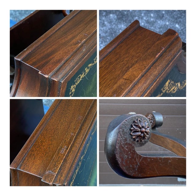 Antique Regency Style Mahogany Scroll Foot Center Table With Tooled Green Leather Top For Sale - Image 11 of 13