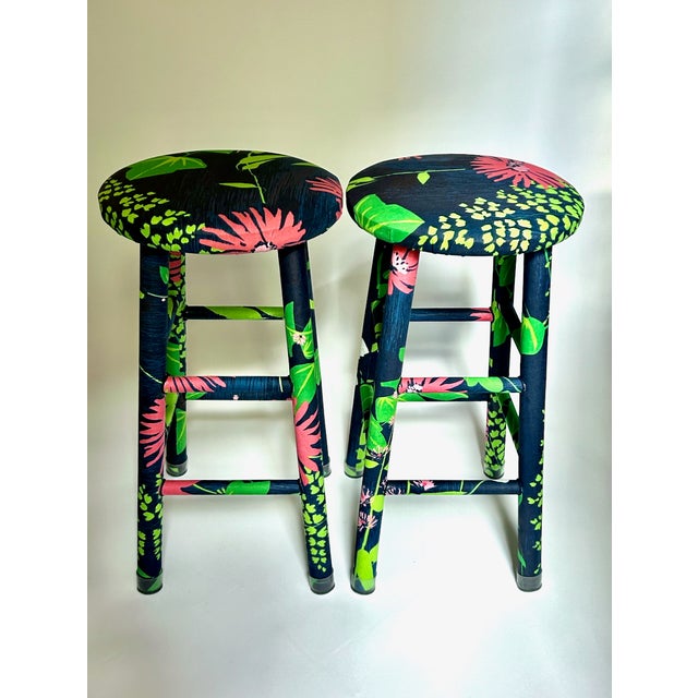 1960s Pair of Vintage Greeff "Summertime Collection" Fabric Wrapped Wooden Counter Stools For Sale - Image 18 of 18