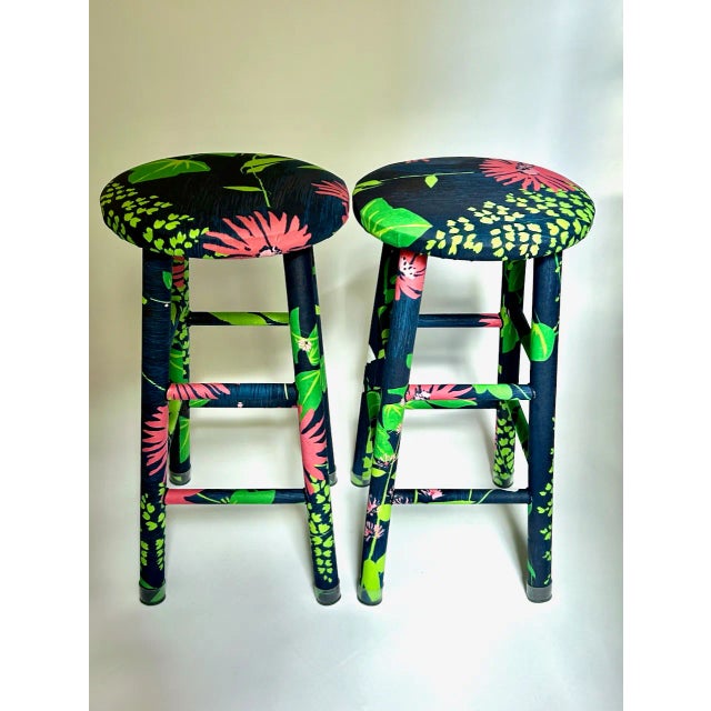 Pair of Vintage Greeff "Summertime Collection" Fabric Wrapped Wooden Counter Stools For Sale - Image 18 of 18