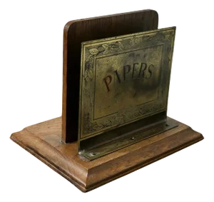Art Nouveau Table Top Brass and Oak News Paper Rack, 1920s