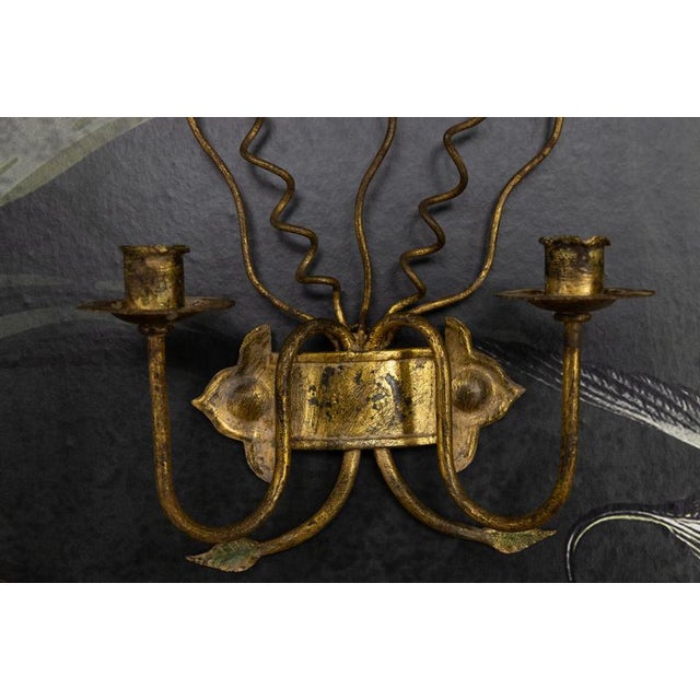 Spanish Gilt Iron Medieval Revival Style Two-Arm Candle Wall Sconce, ca. 1950s For Sale - Image 9 of 18