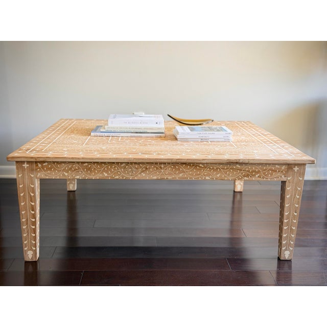 48” Extra Large Modern Organic Made Goods Tamsin Teak Bone Inlay Coffee Table, Hand Carved Inlay For Sale - Image 9 of 12