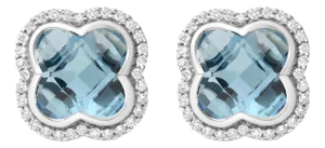 18K White Gold 3/8 Cttw Diamond and 11x11mm Clover-Cut London Blue Topaz Gemstone Halo Clover Stud E
