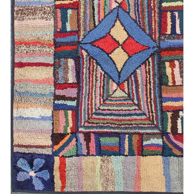 Antique American Hooked Rug With Colorful Geometric Design With Striped Border For Sale - Image 4 of 9