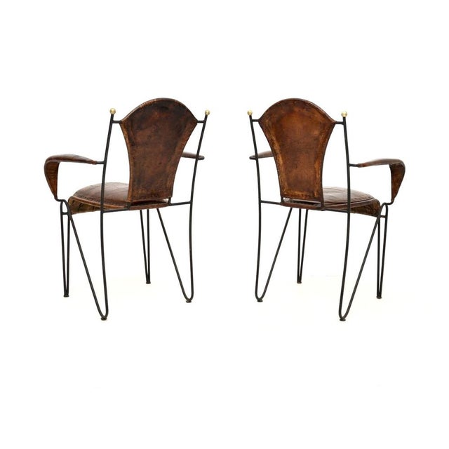 1960s Vintage French Iron and Leather Armchairs, 1960s, Set of 2 For Sale - Image 5 of 13