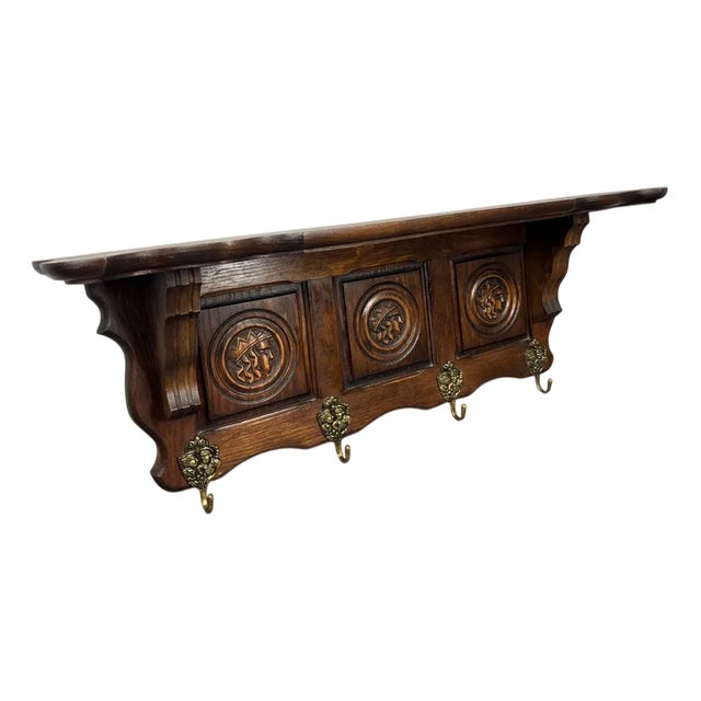 Vintage French Carved Oak Coat Rack with 4 Brass Hooks For Sale
