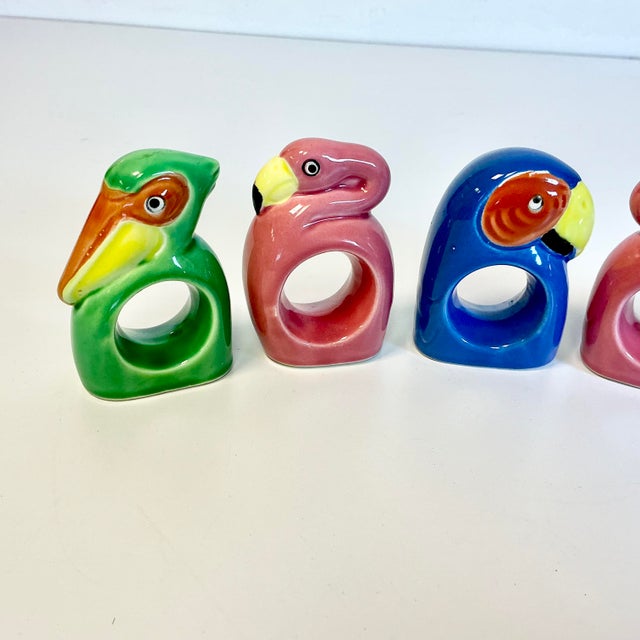 1980s 1980s Vintage Coastal Boho Chic Tropical Birds Ceramic Napkin Rings - Set of 5. For Sale - Image 5 of 10
