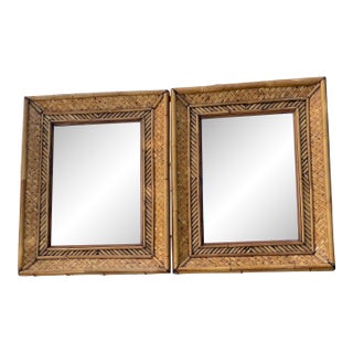 Pair of Vintage Woven Bamboo & Rattan Wall Mirrors — Tropical Coastal Hollywood Regency, 30" X 24" For Sale