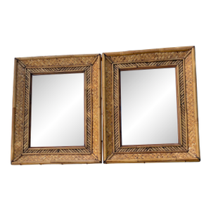 Pair of Vintage Woven Bamboo & Rattan Wall Mirrors — Tropical Coastal Hollywood Regency, 30" X 24"