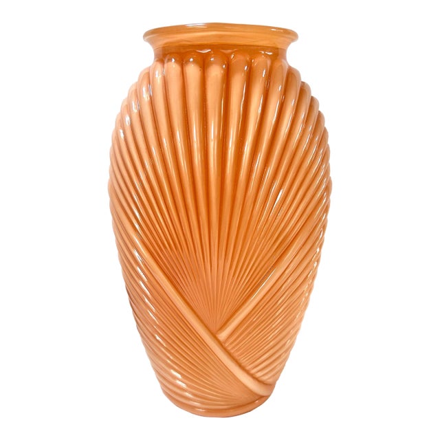 1980s Anchor Hocking Art Deco Revival Draped Fan Glass Vase – Amber Orange Pressed Glass For Sale