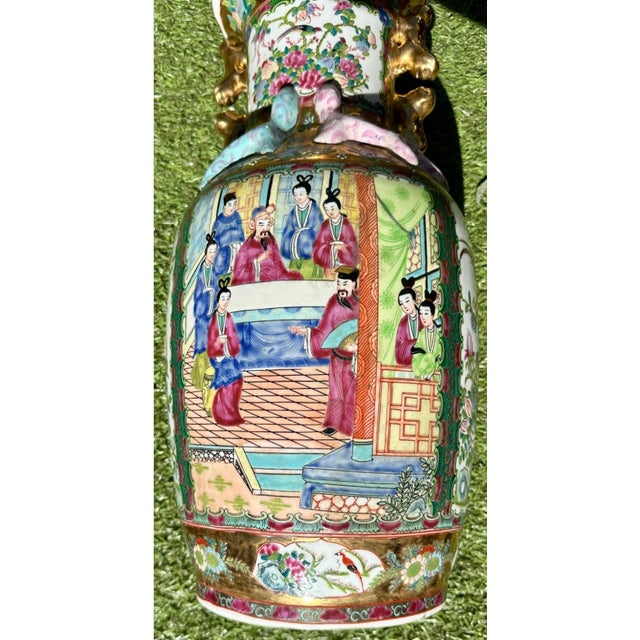 Pair of Large Antique Famille Rose Medallion Chinese Vases With Rosewood Stands For Sale - Image 16 of 18