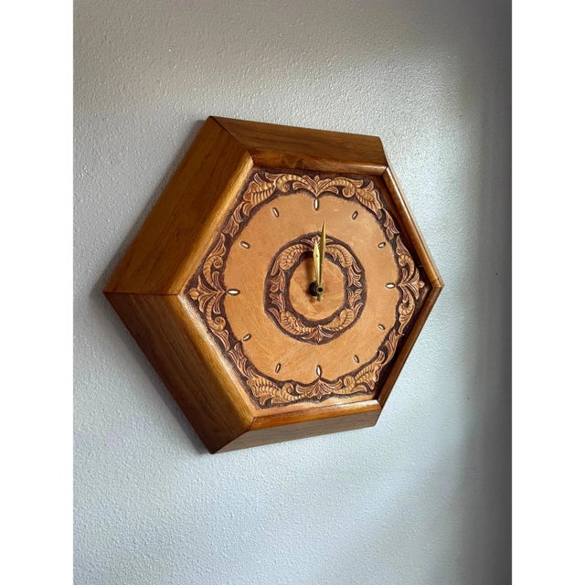 1960's Hexagon Wood & Tooled Leather Wall Clocks – Working Pair For Sale - Image 6 of 14