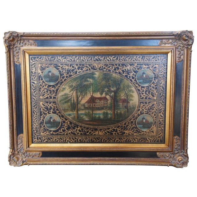 Vintage Tole Hand Painted Woodland Cottage Landscape Framed Metal Toleware 47" For Sale - Image 12 of 12