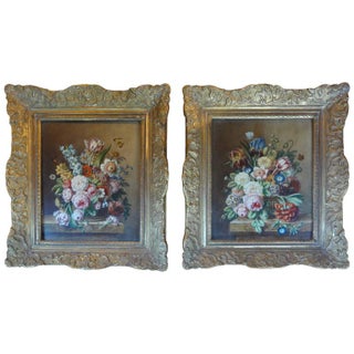 1920's Antique French Floral Oil Paintings - A Pair For Sale