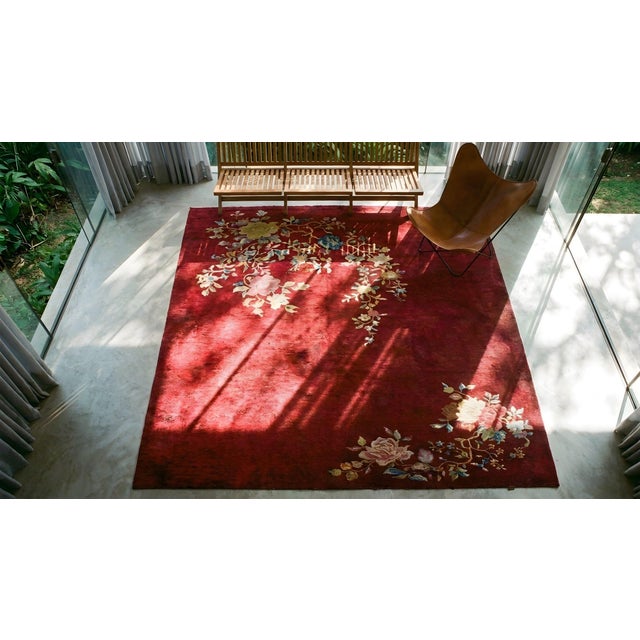 1930s Ruby Red Modern Floral Antique Chinese Art Deco Carpet 8'10" X 11'8" Knotted Wool Rug For Sale - Image 12 of 12