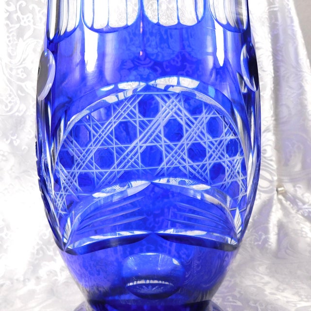 1950s Large Blue Cut to Clear Vase For Sale - Image 5 of 7